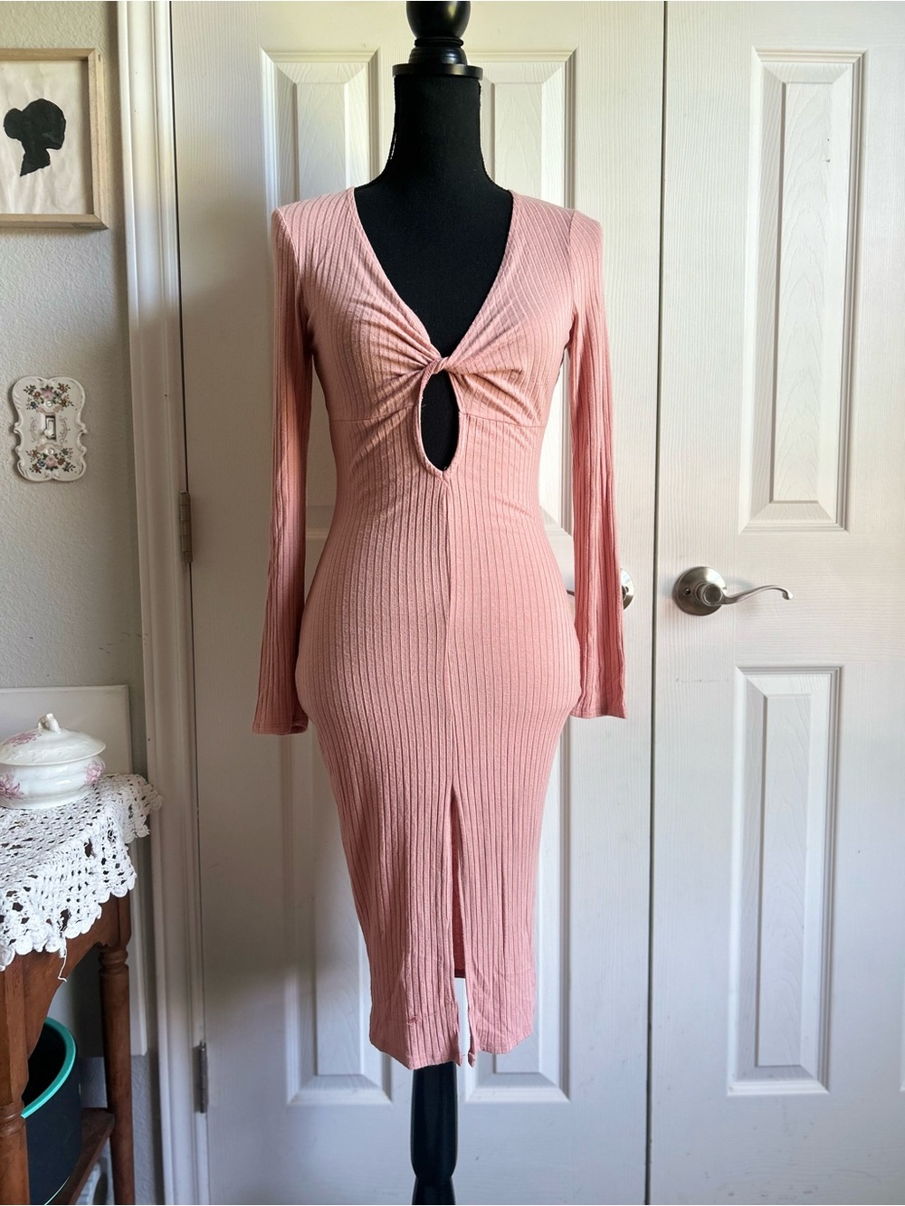 May Pink | long sleeve ribbed twist front cutout pink midi dress